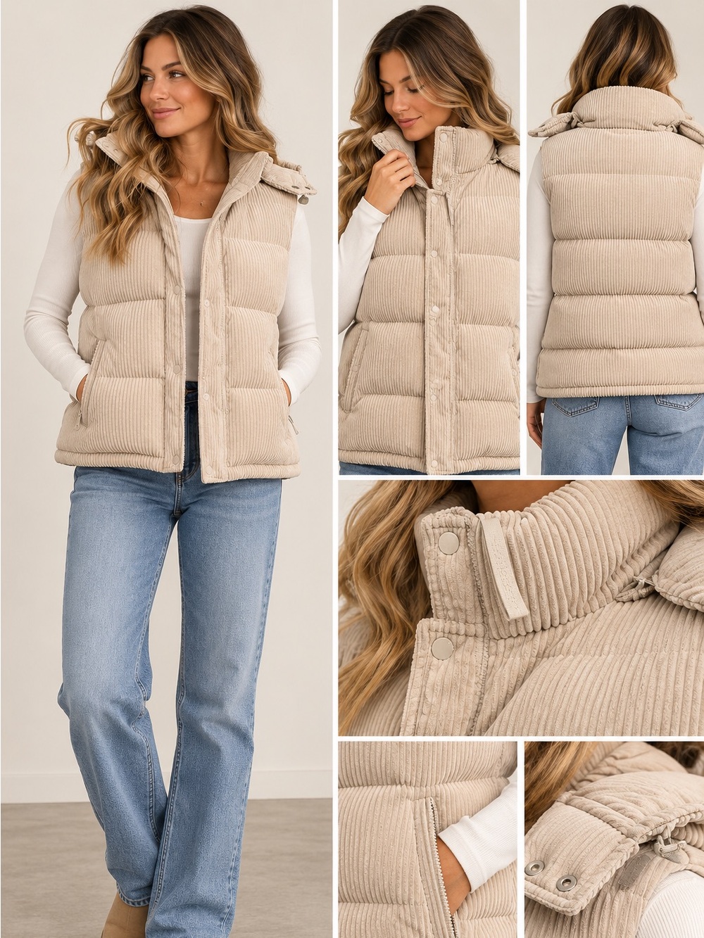 Aritzia The Super Puff Original Corduroy Down Puffer Vest Cream Beige Size L